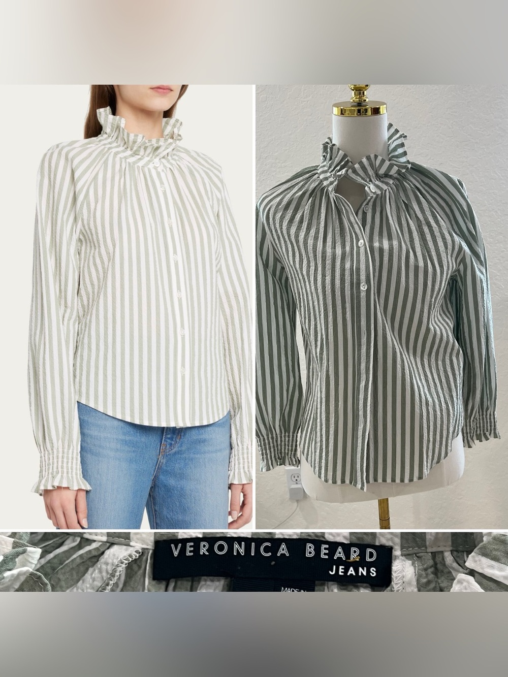 Veronica Beard Sage and White Striped Ruffle-Neck Button Down Top